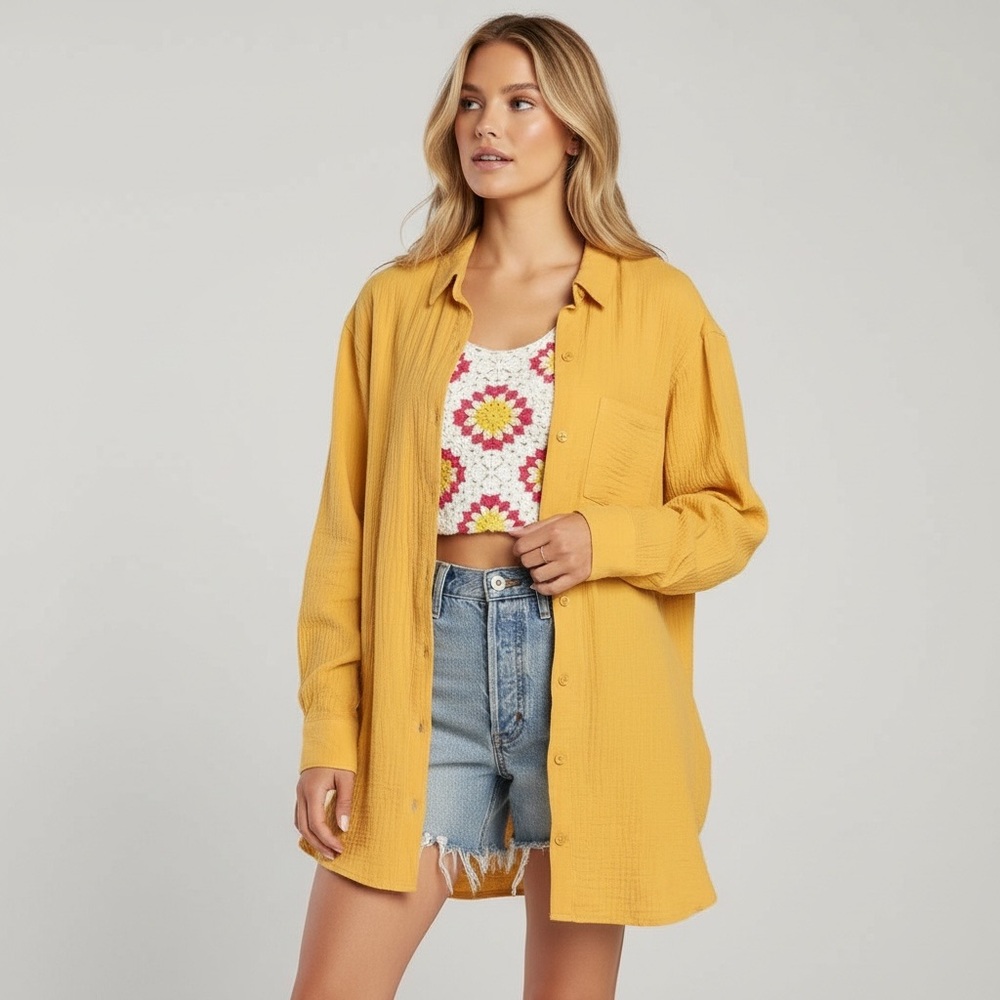 Lulus | Easy To See Mustard Yellow Oversized Cotton Button-Up Shirt M